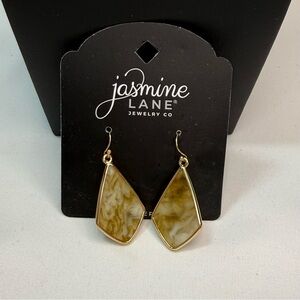 Jasmine Lame Olive Marble Teardrop Dangle Earrings - Gold Trim NWT